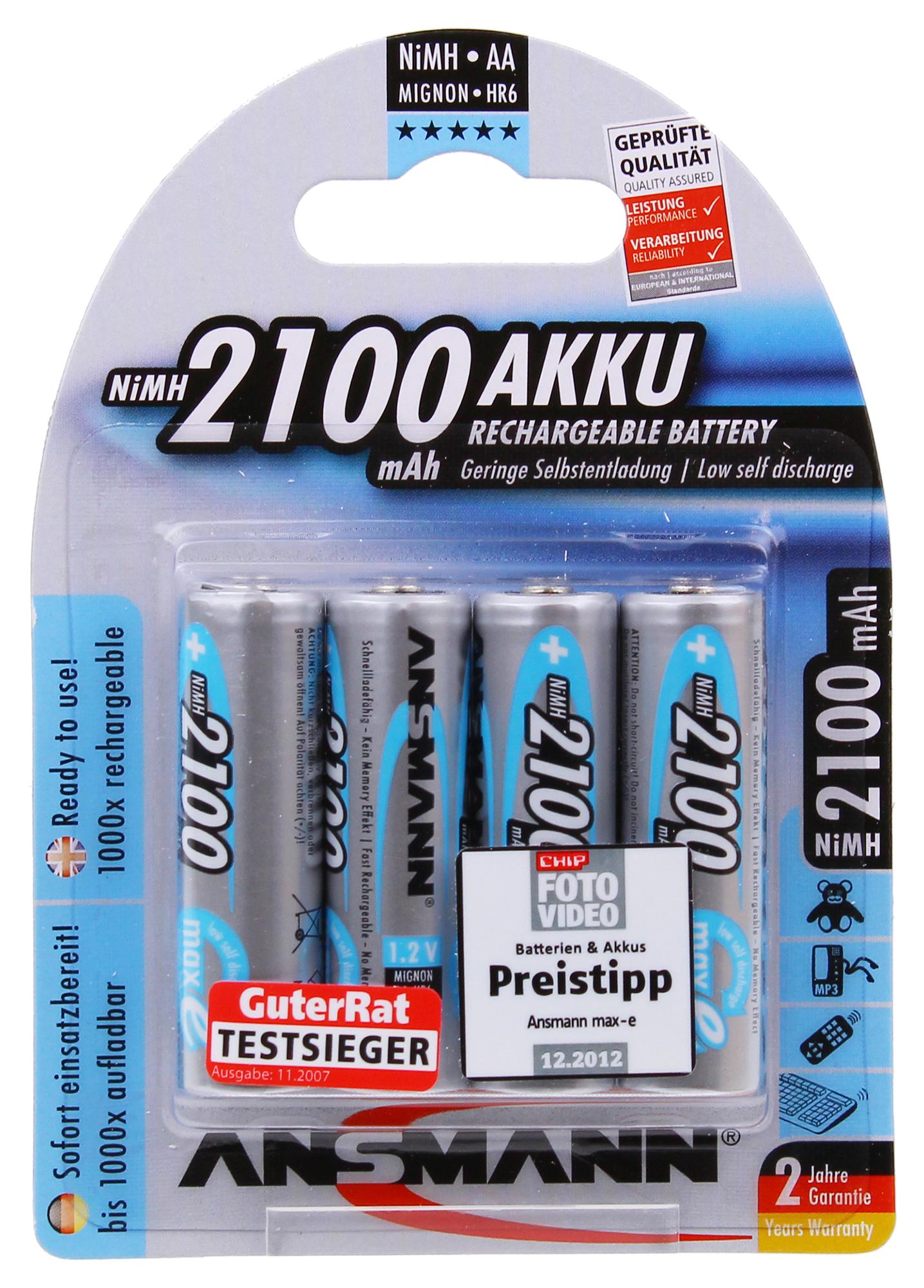 ANSMANN MaxE AA NiMH Rechargeable AA Batteries, 2.1Ah, 1.2V - Pack of 4