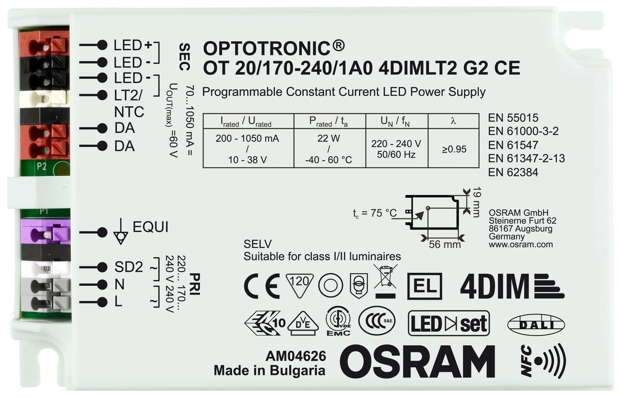 OSRAM OT-20/170-240/1A0-4DIMLT2-G2-CE Fuentes De Alimentación Para LED AC / DC