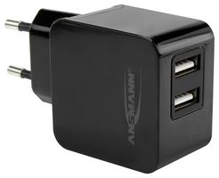 1001-0067: Charger, USB, 15.5 W, Dual Port, Black, 84 mm x 45 mm x 30 mm, EU